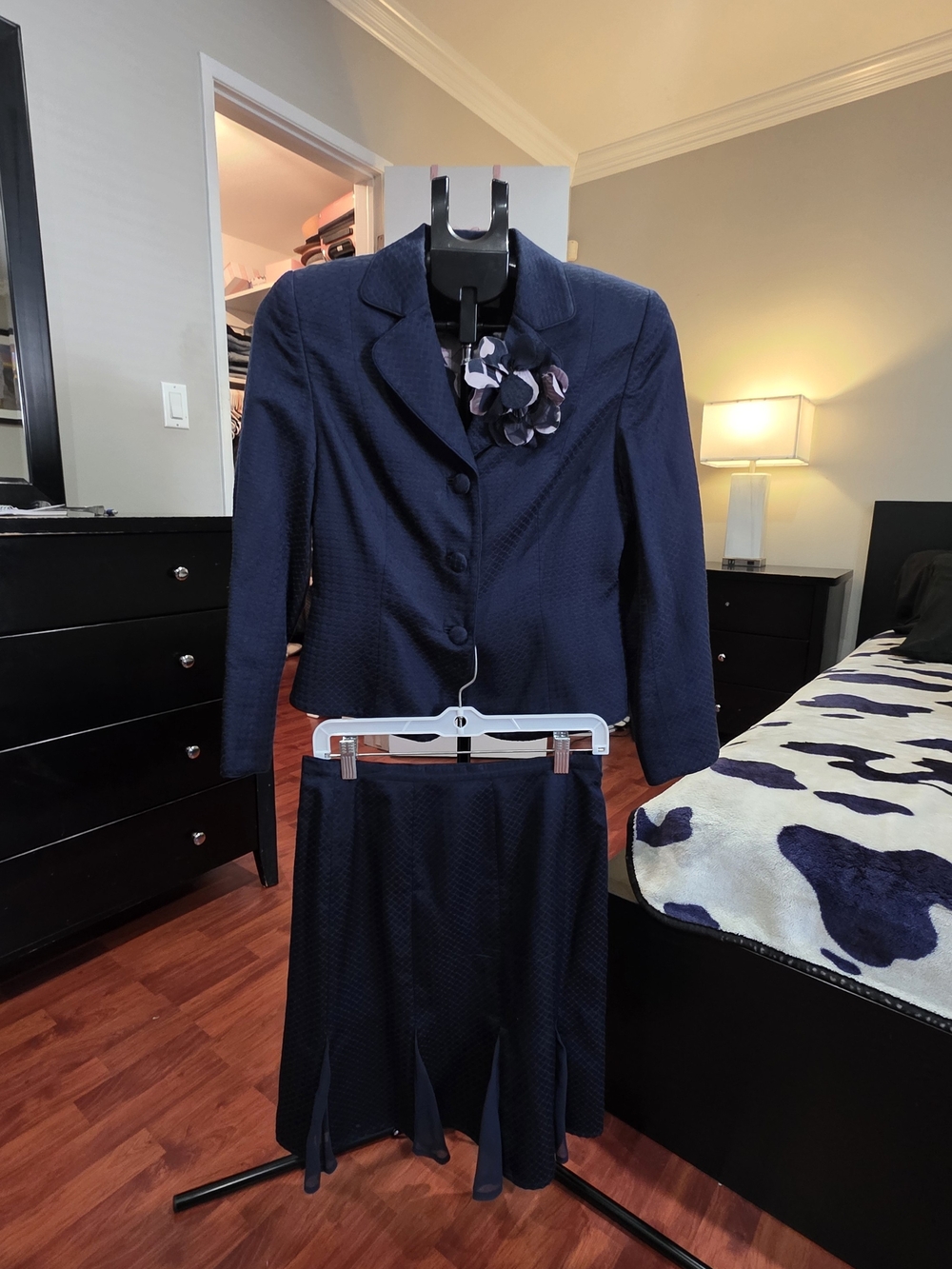Amanda Smith Navy Textured Women's Blazer and Skirt Set with Floral Accent